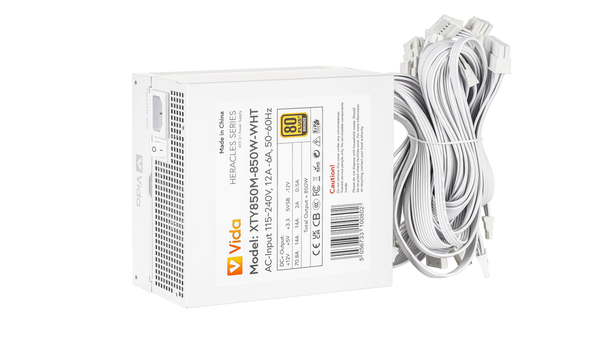 VIDA 850W Heracles White ATX 3.1 Gaming PSU, 80+ Bronze, 140mm Ultra-Quiet FDM Fan, Flat White Cables, PCIe 5.1, Power Lead Not Included power supply unit 24-pin ATX