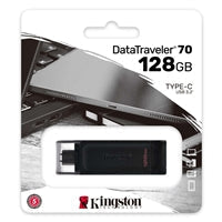 Kingston DT70/128GB DataTraveler 128GB USB Flash Drive, USB 3.2, USB-C, Gen1, 80MB/s, Cap Design, Black, Retail.