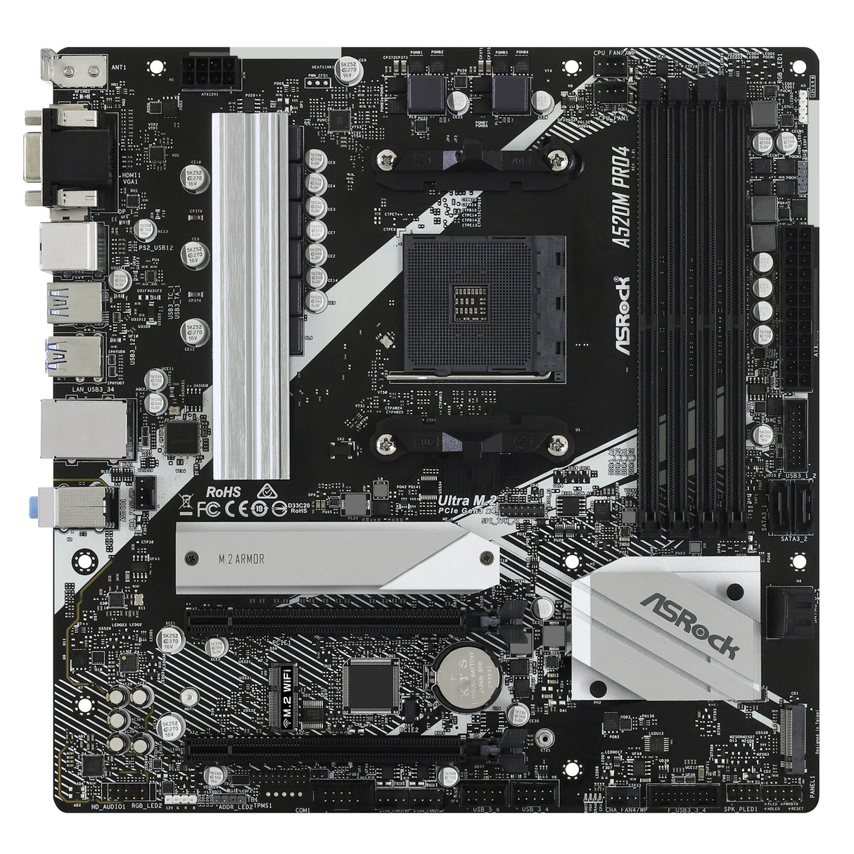 ASRock A520M PRO4 Super Alloy AMD AM4 Socket Motherboard, Micro-ATX, 4x DDR4 Slots, 1x M.2 Socket, GbE LAN, 1x D-Sub / 1x DisplayPort / 1x HDMI Port