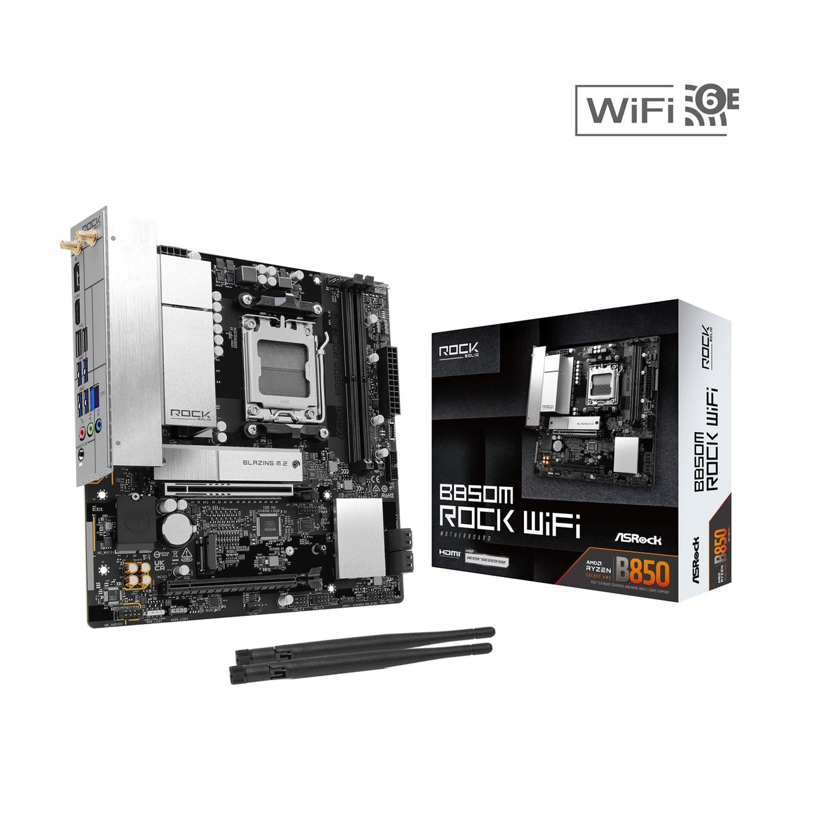 ASRock B850M Rock WiFi AMD AM5 Socket Motherboard, Micro-ATX, 2x DDR5 Slots, 2x M.2 Socket, Fitted I/O Shield, 2.5GbE LAN, Wi-Fi 6E, 1x DisplayPort / 1x HDMI Port