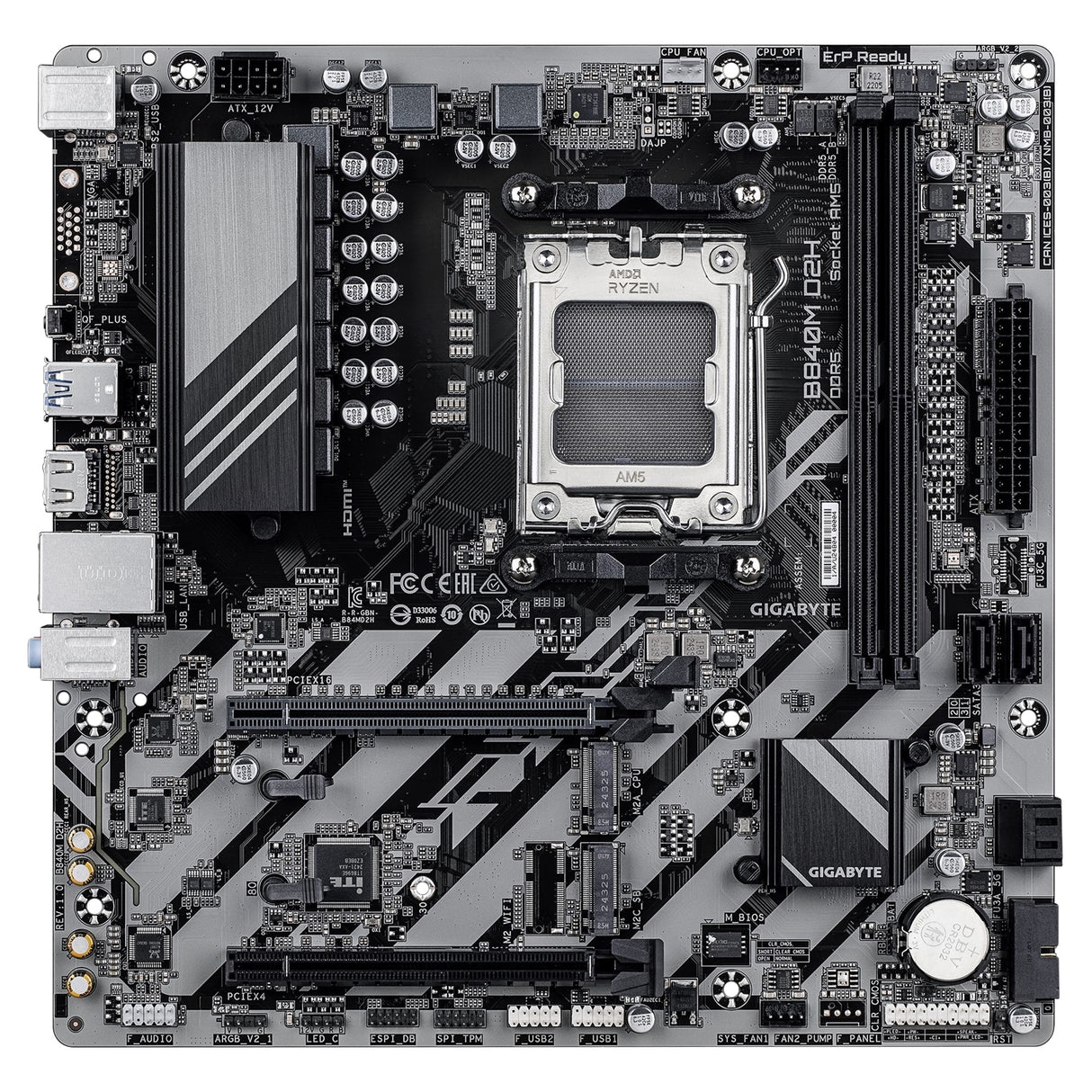 Gigabyte B840M D2H AMD AM5 Socket Motherboard, Micro-ATX, 2x DDR5 Slots, 2x M.2 Socket, 2.5GbE LAN, 1x HDMI Port