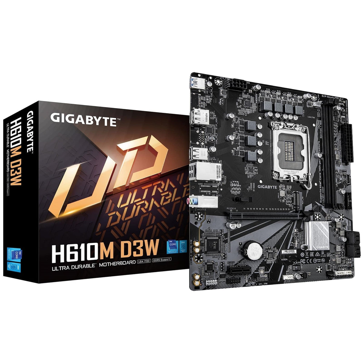 Gigabyte H610M D3W (Rev. 1.1) Intel 1700 Socket Motherboard, Micro-ATX, 2x DDR5 Slots, 1x M.2 Socket, GbE LAN, 1x DisplayPort / 1x HDMI Port
