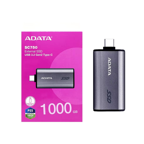 ADATA SC750 (SC750-1000G-CCBK) 1TB USB-C Portable SSD USB 3.2 Gen 2 Up to 1000 MB/s Black Titanium Compatible with Windows, iOS, Android, PlayStation, XBox & Handheld Consoles