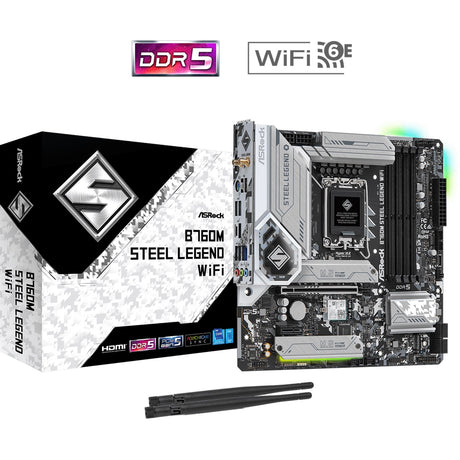 ASRock B760M Steel Legend WiFi Intel 1700 Socket Motherboard, Micro-ATX, 4x DDR5 Slots, 3x M.2 Sockets, Fitted I/O Shield, 2.5GbE LAN, Wi-Fi 6E, 1x DisplayPort / 1x HDMI Port