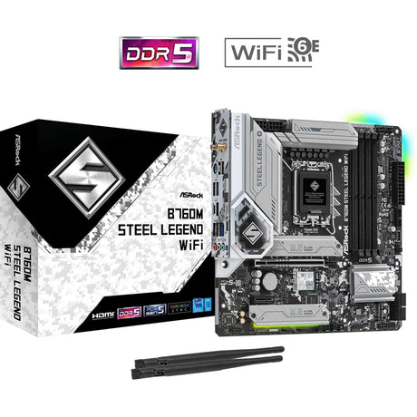 ASRock B760M Steel Legend WiFi Intel 1700 Socket Motherboard, Micro-ATX, 4x DDR5 Slots, 3x M.2 Sockets, Fitted I/O Shield, 2.5GbE LAN, Wi-Fi 6E, 1x DisplayPort / 1x HDMI Port