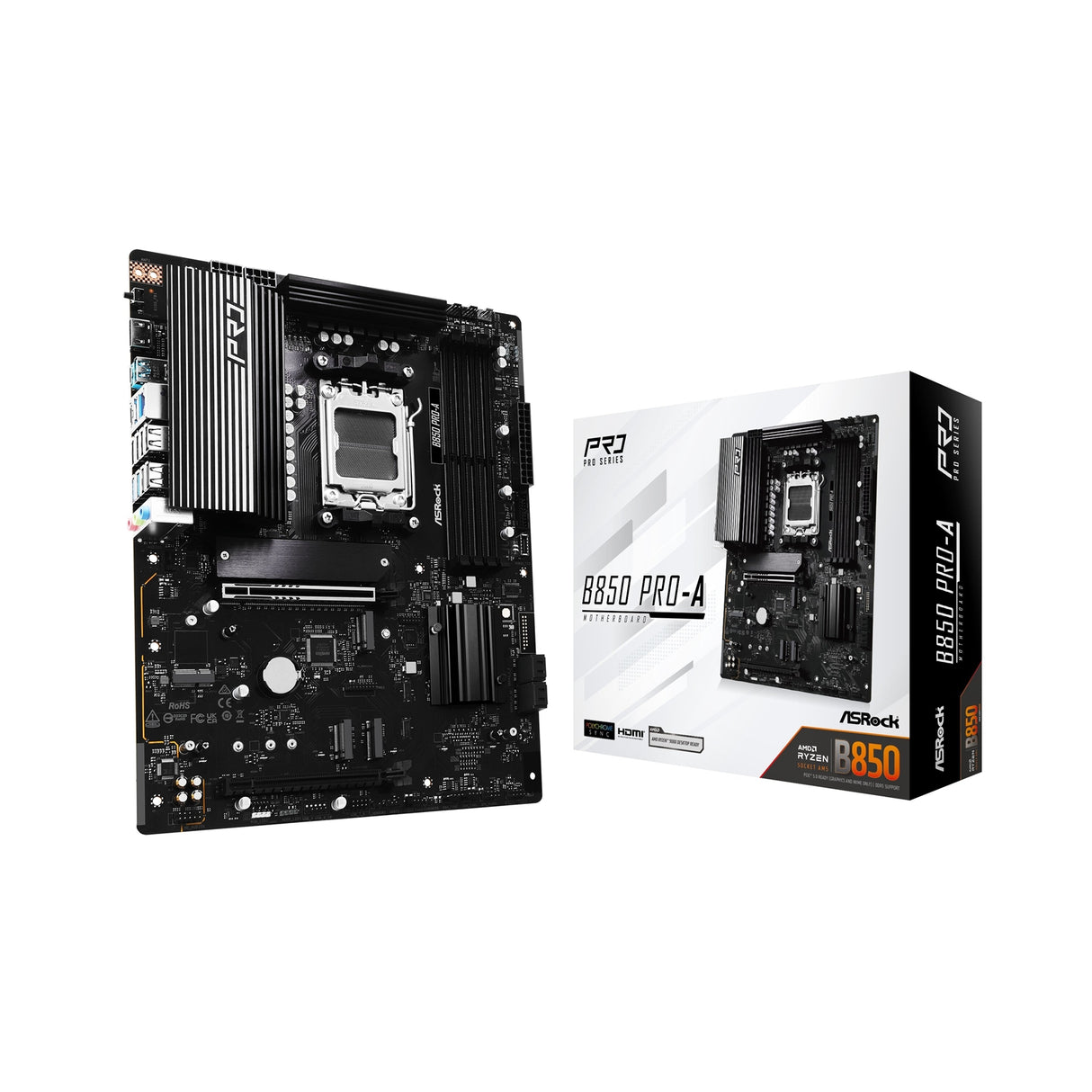 ASRock B850 Pro-A AMD AM5 Socket Motherboard, ATX, 4x DDR5 Slots, 4x M.2 Sockets, 2.5GbE LAN, 1x HDMI Port / 1x USB-C