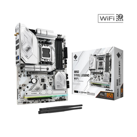 ASRock B850 Steel Legend WiFi AMD AM5 Socket Motherboard, ATX, 4x DDR5 Slots, 4x M.2 Sockets, Fitted I/O Shield, 2.5GbE LAN, Wi-Fi 7, 1x HDMI Port
