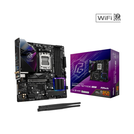ASRock B850M Riptide WiFi AMD AM5 Socket Motherboard, Micro-ATX, 4x DDR5 Slots, 3x M.2 Sockets, Fitted I/O Shield, 2.5GbE LAN, Wi-Fi 7, 1x DisplayPort / 1x HDMI Port