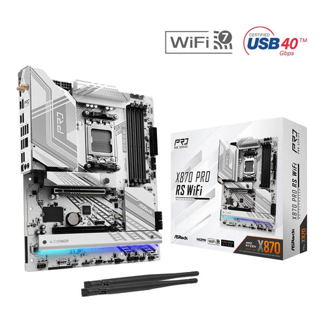 ASRock X870 PRO RS WIFI AMD AM5 Socket Motherboard, ATX, 4x DDR5 Slots, 3x M.2 Sockets, Fitted I/O Shield, 2.5GbE LAN, Wi-Fi 7, 1x HDMI Port / 2x USB-C (USB4)