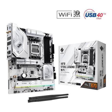 ASRock X870 STEEL LEGEND WIFI AMD AM5 Socket Motherboard, ATX, 4x DDR5 Slots, 3x M.2 Sockets, Fitted I/O Shield, 2.5GbE LAN, Wi-Fi 7, 1x HDMI Port / 2x USB-C (USB4)