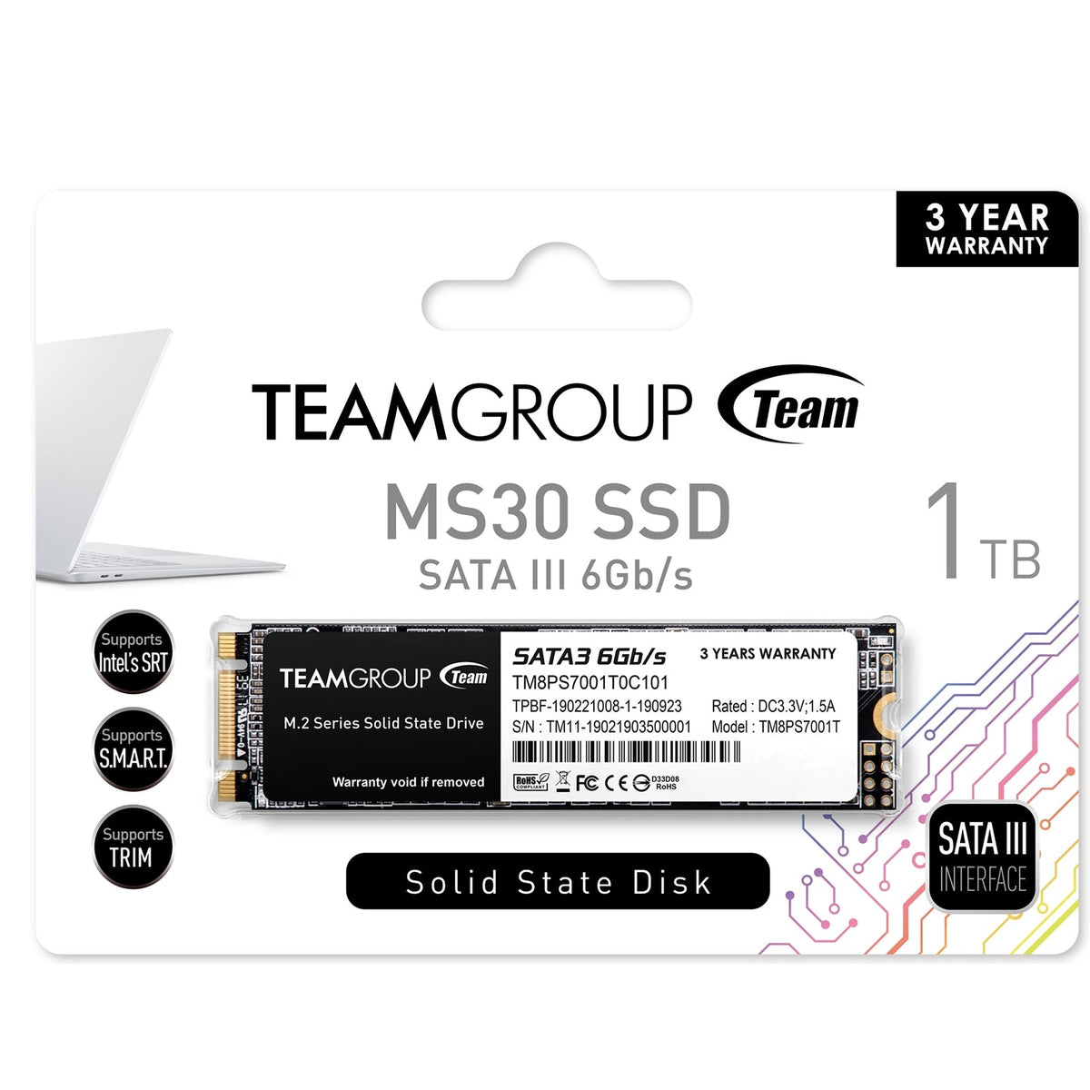 Team MS30 (TM8PS7001T0C101) 1TB, M.2 Sata Interface, PCIe Gen3, Read 530MB/s, Write 480MB/s, 3 Year Warranty